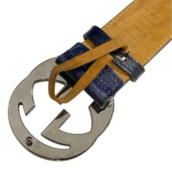 Gucci Belt Accessories Small Interlocking G Stripe Leather Canvas Navy - Picture 3 of 10